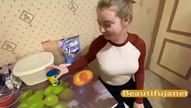 Russian maid gives oral pleasure to neighbor in kitchen